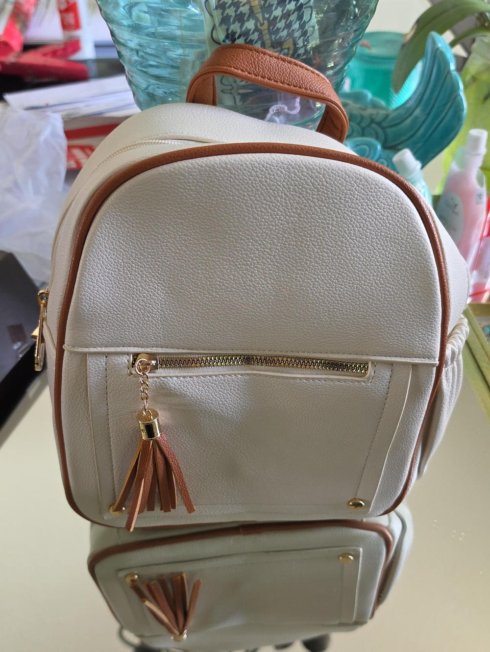 Montana West Cream Backpack with Tan Trim and Gold Accents